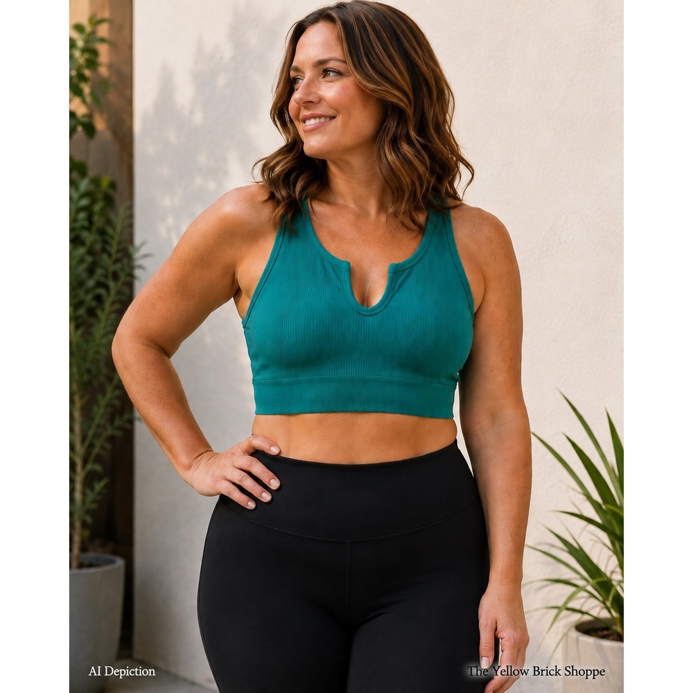 OQQ Womens Ribbed Seamless Sports Bra Teal Green Notched Neck Gym Crop Top L